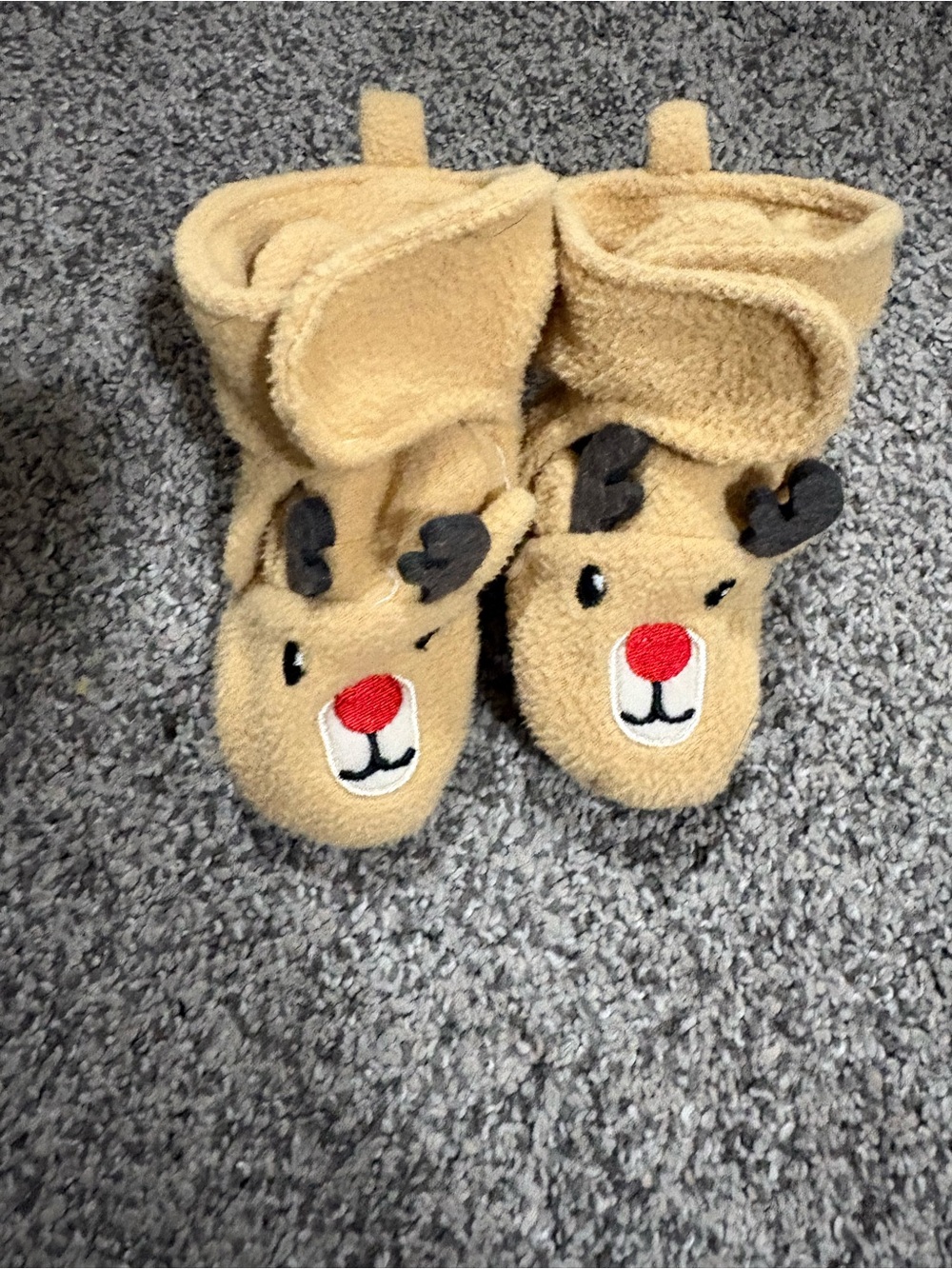 Kids Reindeer Slipper Booties - Tan with Red Nose